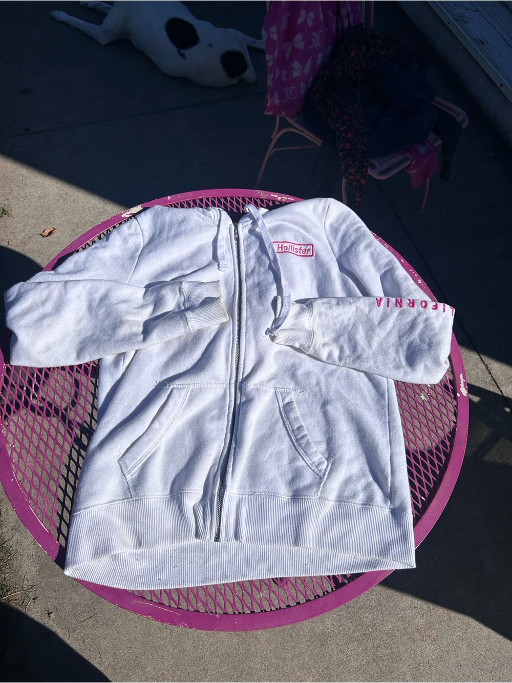 Hollister White Zip Hoodie with Pink Logo